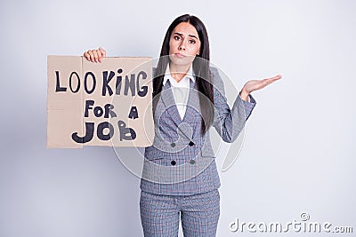 Photo of attractive fired upset manager lady hold carton placard seek job agree to accept any offer work proposition Stock Photo