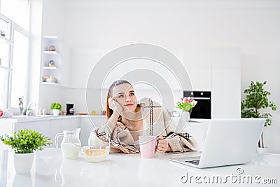 Photo of attractive homey housewife lady covered blanket morning lazy worker have breakfast drink coffee not interested Stock Photo