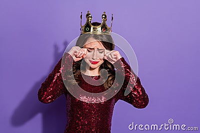 Photo of attractive lady party prom queen nomination excited crown head overjoyed burst out crying feelings emotions Stock Photo