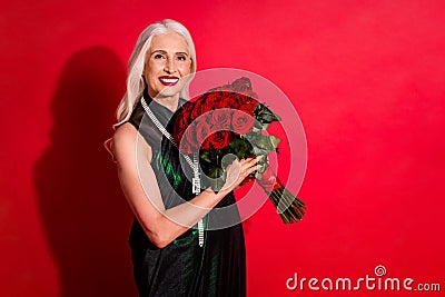 Photo of attractive retired white haired lady luxury rich person hold big bunch roses joyful present surprise family Stock Photo