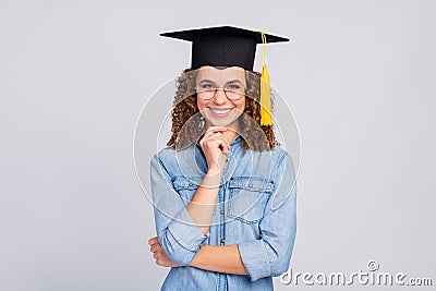 Photo of attractive wavy clever lady got master degree finished university tassel head finger on chin wear specs casual Stock Photo