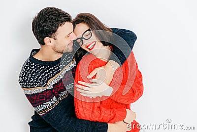 Photo of attractive young brunette female enjoys spare time with Stock Photo