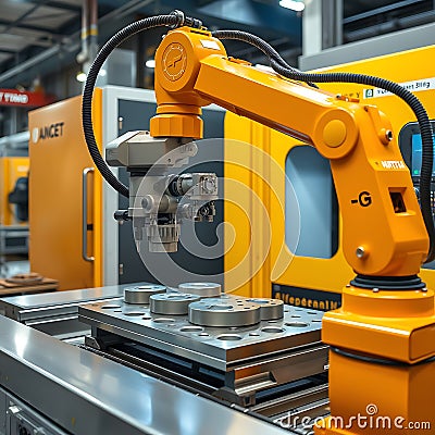 A photo of an automated robotic arm loading a CNC machine with metal workpieces in an advanced machining workshop Stock Photo