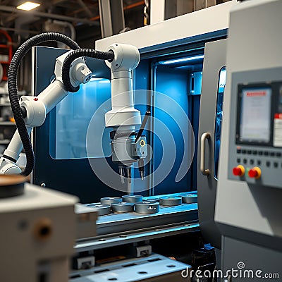 A photo of an automated robotic arm loading a CNC machine with metal workpieces in an advanced machining workshop Stock Photo