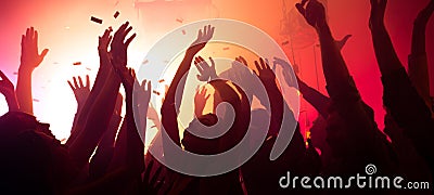 Photo of bachelors clubbers guys ladies silhouettes enjoy electro star private occasion raise hands up on red bright Stock Photo