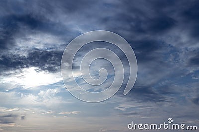 Photo background of a dark blue stormy cloudy sky. Dramatic dark cloudy sky over the sea, natural photo background. The Stock Photo