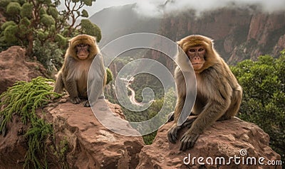 photo of Barbary macaques sitting on the rocky terrain of the Atlas Mountains in Morocco. The macaques have distinctive greyish Stock Photo