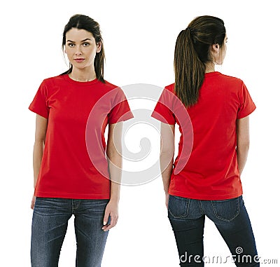 Brunette woman wearing blank red shirt Stock Photo