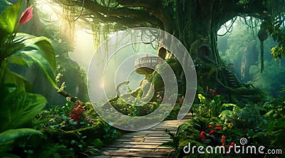 beautiful forest with big fairy tales tree ai generated Stock Photo