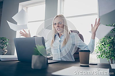 Photo of beautiful outraged business lady look notebook table arms throwing papers documents air project epic fail lose Stock Photo