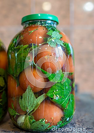 Beautiful red tomatoes and green spices in a glass jar, canned vegetables, tomato pickling, winter products, healthy food, Stock Photo