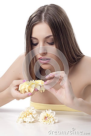 Photo of beautiful woman guessing with flowers Stock Photo