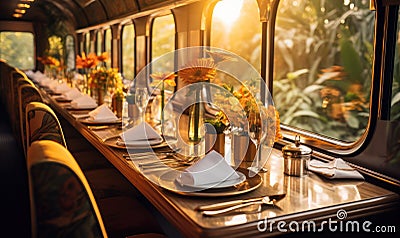 Photo of a beautifully decorated dining car on a train with vibrant sunflowers in elegant vases Stock Photo