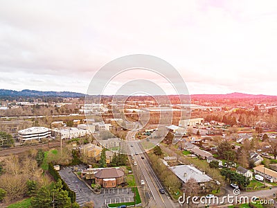 A photo of Beaverton, Oregon, USA, at sunset, a suburb. A photo from a height Stock Photo