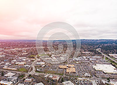 A photo of Beaverton, Oregon, USA, at sunset, a suburb. A photo from a height at sunset or sunrise. Design background Stock Photo