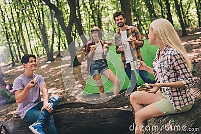 Photo of best friends girls guys happy positive smile eat snack food breakfast expedition exploring nature outdoors Stock Photo