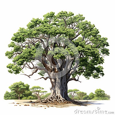 Hyper-realistic Baobab Tree Illustration With Green Leaves On White Background Stock Photo