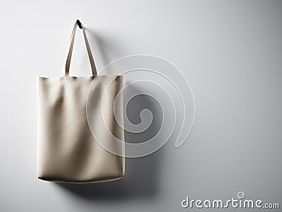 Photo black cotton textile bag hanging in left side. Empty white wall background. Highly detailed texture, space for business mess Stock Photo