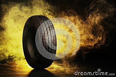 Photo of black smoked burning tire Stock Photo