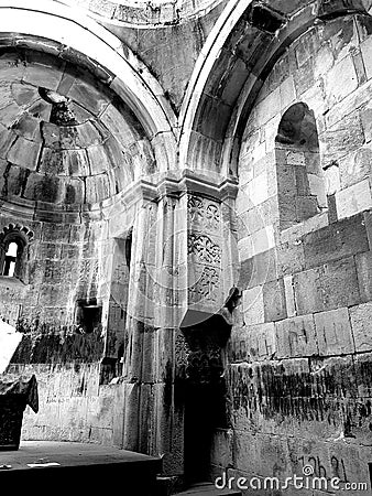 Photo in black and white of ruins of ancient Armenian church located at Dilijan Editorial Stock Photo