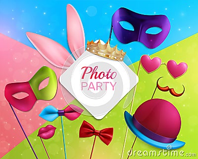 Photo Booth Party 3D Composition Vector Illustration