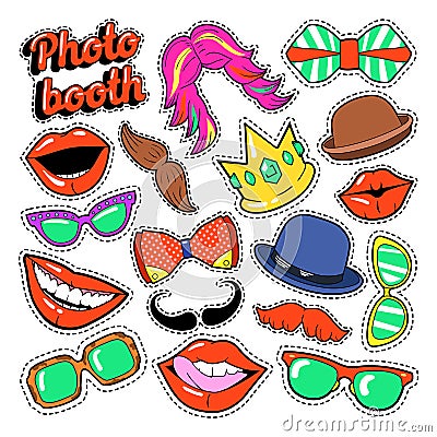 Photo Booth Party Set with Glasses, Mustache, Hats and Lips for Stickers and Props Vector Illustration