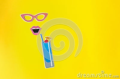 Photo booth props glasses and cocktail on yellow background. Stock Photo