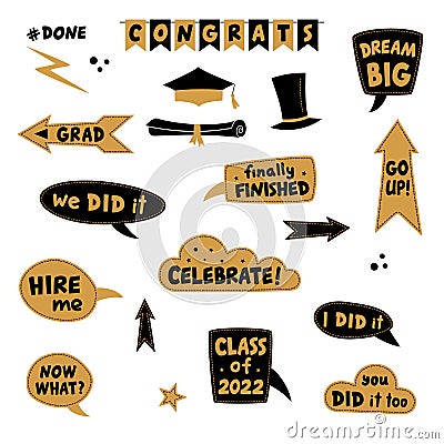 Photo booth props for graduation party. Congrats graduates. Photobooth vector set in gold and black. Hat, diploma, bubbles with Vector Illustration