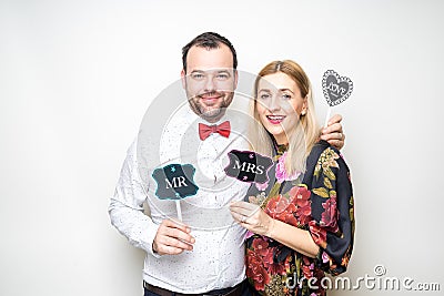 Photo booth props party man cheers girl woman Stock Photo