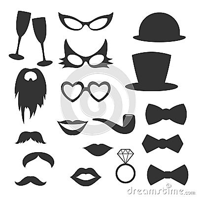 Photo booth props for weddings, party. Mustache, glasses, lips. Vector Illustration