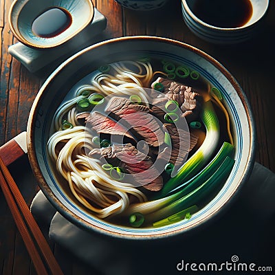 A photo of a bowl of beef noodles soup by generative AI Stock Photo