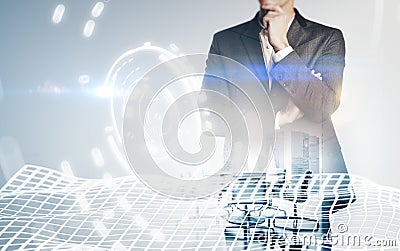 Photo of businessman wearing suit, visual interfaces effects. Double exposure, horizontal Stock Photo