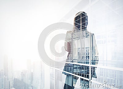 Photo of businesswoman. Double exposure, city on the background. Blurred background, horizontal Stock Photo