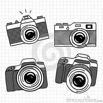 Photo camera doodle icon set. Hand drawn sketch. Vector illustation Vector Illustration