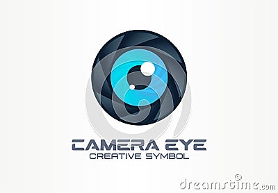 Photo camera eye, digital vision creative symbol concept. Cctv, video monitoring abstract business logo idea. Diaphragm Vector Illustration