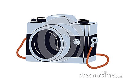 Photo camera. Film photocamera with lens. Classic retro-styled digital cam. Photograph equipment, old analog device icon Vector Illustration