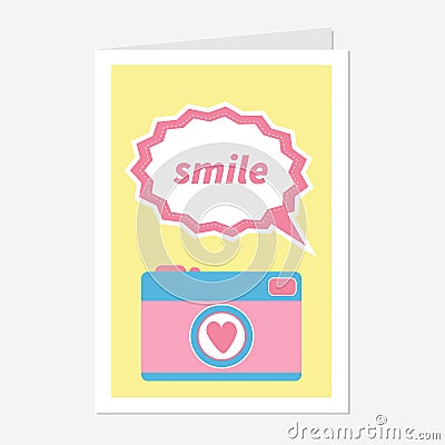 Photo Camera in flat design style. Pink heart. Text bubble smile. Love greeting card. Yellow background. Vector Illustration