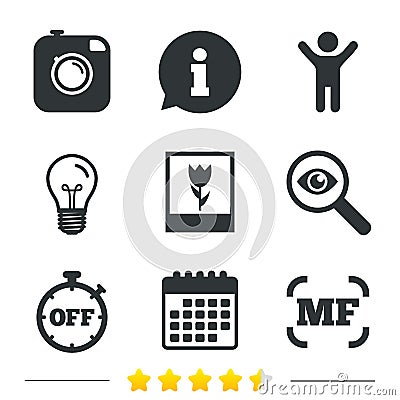 Photo camera icon. Manual focus and Macro signs. Vector Illustration