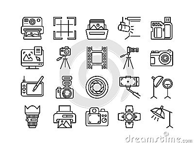Photo camera icons. Line photography pictograms. Outline portrait studio photographic equipment with cam. Film frame Vector Illustration
