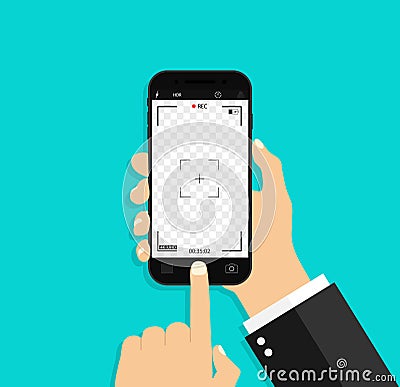 Photo camera in screen phone. Hand take smartphone for selfie. Record video from mobile. Icon of cellphone with focus, flash, Vector Illustration