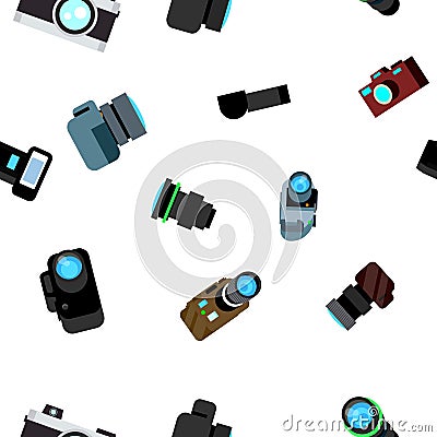 Photo Camera Seamless Pattern Vector. Photocamera Retro Icon. Travel. Cute Graphic Texture. Textile Backdrop. Cartoon Vector Illustration