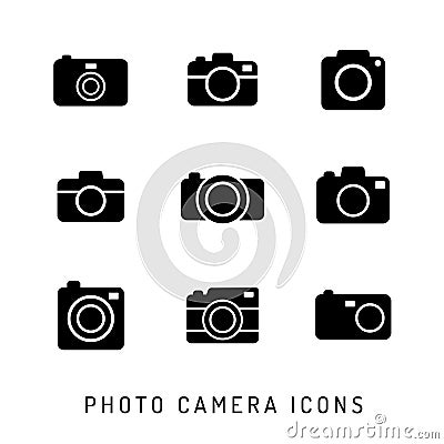 Photo camera silhouettes icon set. Black icons. Vector Illustration