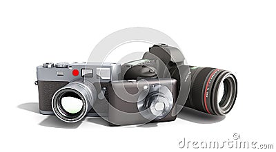 Photo cameras of different classes 3d render on white Stock Photo