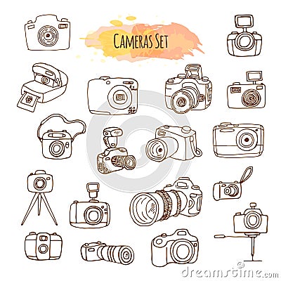 Photo Cameras Hand Drawn Illustrations. Vector Video Camera Design. Vector Illustration