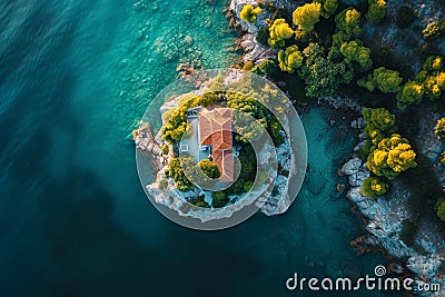 This photo captures an aerial perspective of a house situated in the midst of water, Top view of a remote rocky outpost amidst a Stock Photo