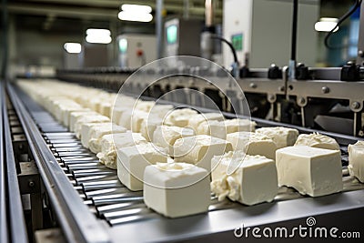 A photo captures the assembly of gourmet cheeses on an industrial conveyor, providing a visual narrative of the Stock Photo