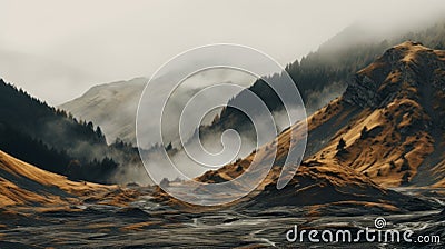 Serene And Calming Foggy Valley Landscape With Mountains Stock Photo