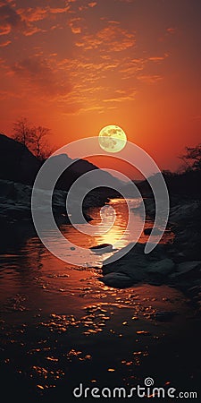 Captivating Red Sun Over River: A Sublime Wilderness Photoillustration Cartoon Illustration