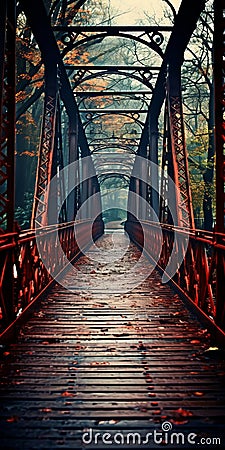 Red And Black Bridge Wallpaper: A Poetic Realism In Matthias Haker Style Stock Photo