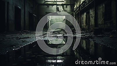 Eerie Abandoned Basement: Mirrored Realms And Ominous Vibes Stock Photo